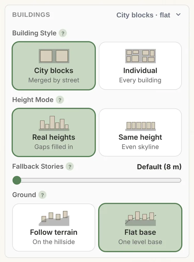 The Buildings card in City Mode with Building Style (City blocks or Individual), Height Mode (Real heights or Same height), Fallback Stories and Ground (Follow terrain or Flat base)
