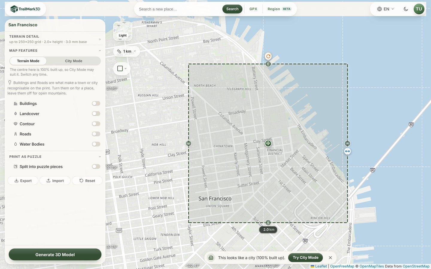 The TrailMark3D workspace over downtown San Francisco with a 2 km square on the map and the Try City Mode offer at the bottom