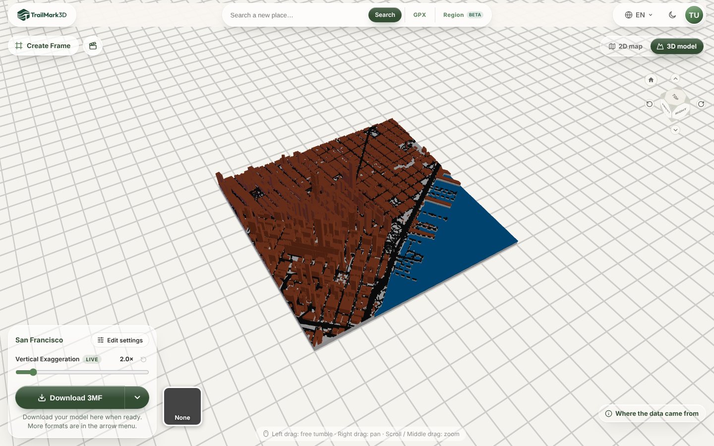 A 3D printed city map of downtown San Francisco generated in TrailMark3D with City Mode, with terracotta buildings, black streets and the blue bay