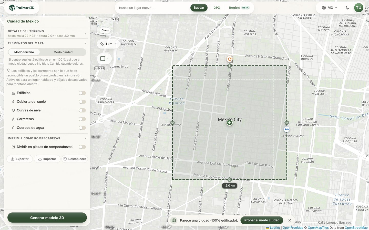 El espacio de trabajo de TrailMark3D sobre el Centro Histórico de la Ciudad de México con un cuadrado de 2 km en el mapa y la oferta del Modo ciudad al pie