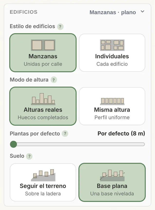 La tarjeta Edificios del Modo ciudad con Estilo de edificios, Modo de altura, Plantas por defecto y Suelo