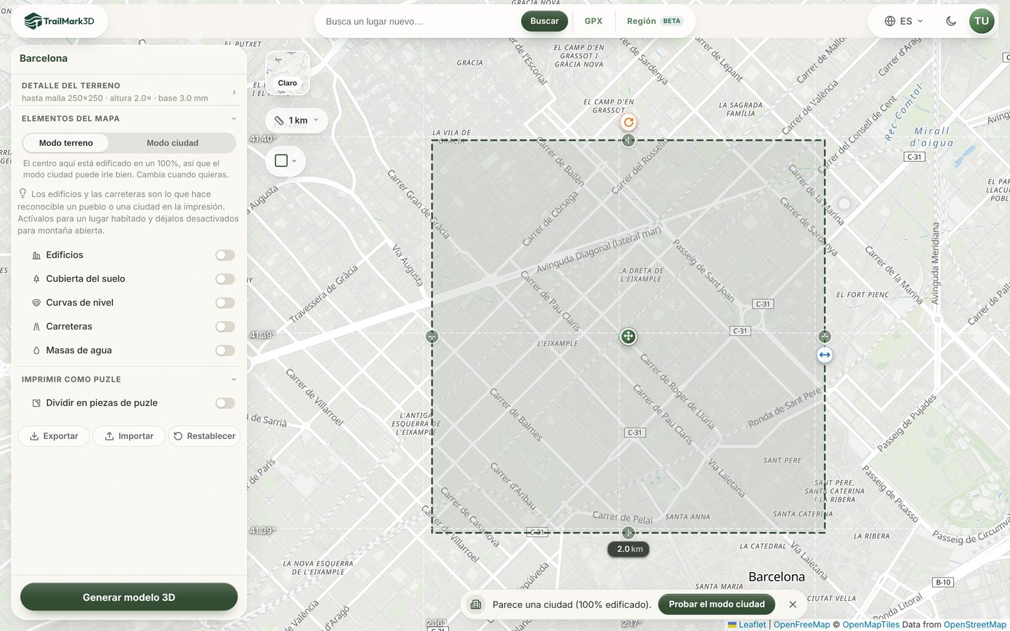 El espacio de trabajo de TrailMark3D sobre el Eixample de Barcelona con un cuadrado de 2 km en el mapa y la oferta del Modo ciudad al pie