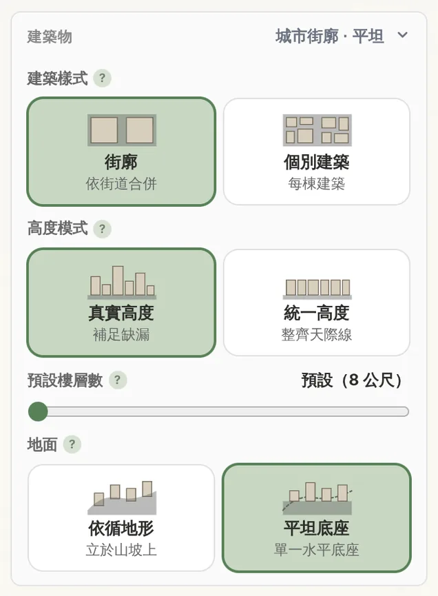 城市模式的建築物卡片:建築樣式(街廓或個別建築)、高度模式(真實高度或統一高度)、預設樓層數,以及地面(依循地形或平坦底座)