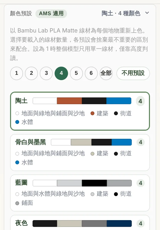 城市模式的顏色預設卡片,有 1 到 6 種線材的選項,以及陶土、骨白與墨黑、藍圖三組配色