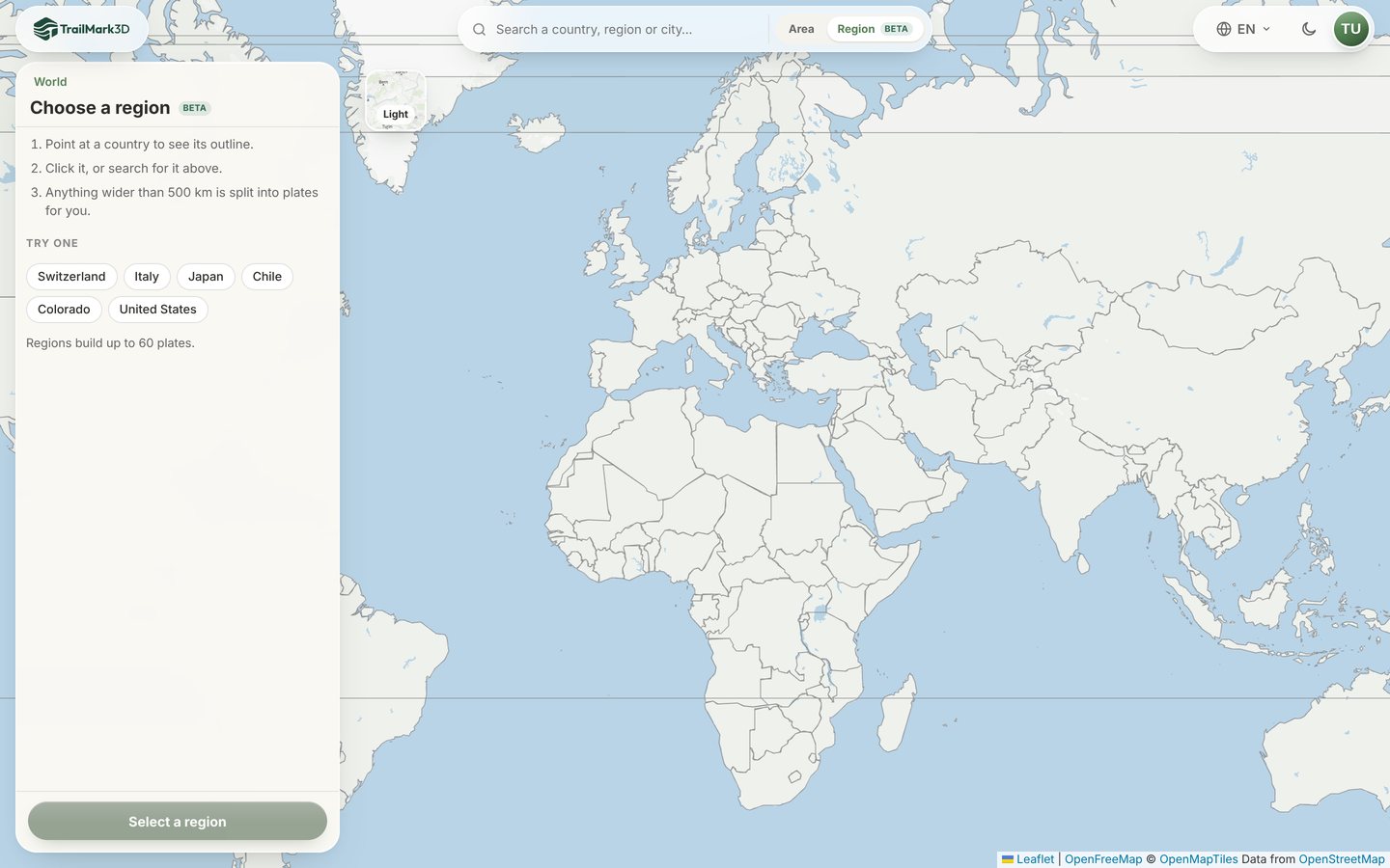 The TrailMark3D region picker: a world map with the Choose a region panel and quick picks for Switzerland, Italy, Japan, Chile, Colorado and the United States