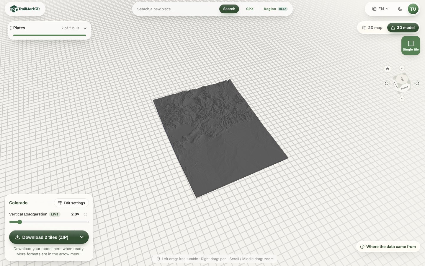 A 3D printed relief map of Colorado generated in TrailMark3D as plates cut to the state border, shown in the 3D viewer