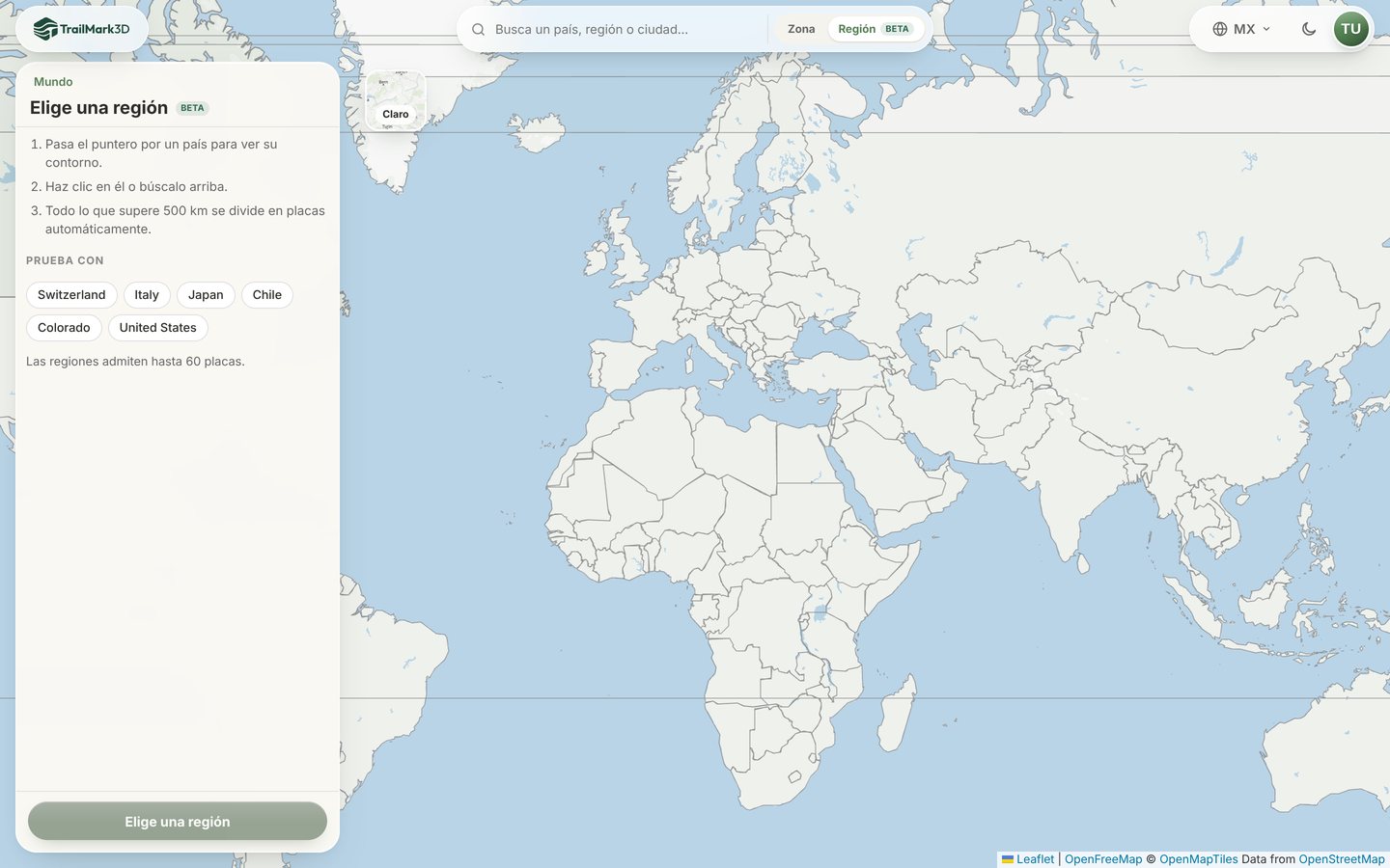 El selector de regiones de TrailMark3D: un mapa del mundo con el panel Elige una región y las opciones rápidas Switzerland, Italy, Japan, Chile, Colorado y United States