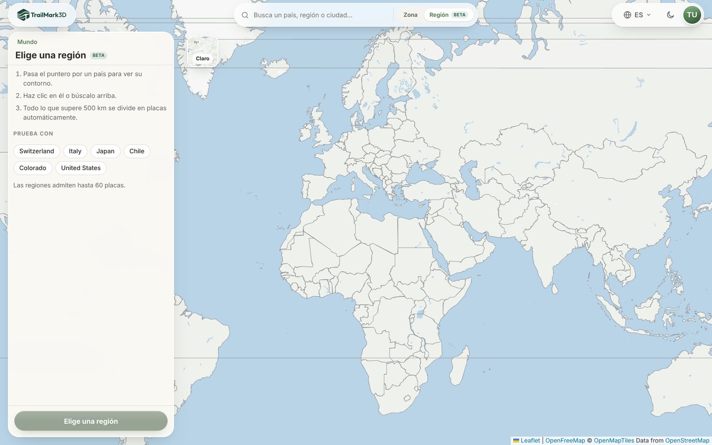 El selector de regiones de TrailMark3D: un mapa del mundo con el panel Elige una región y las opciones rápidas Switzerland, Italy, Japan, Chile, Colorado y United States