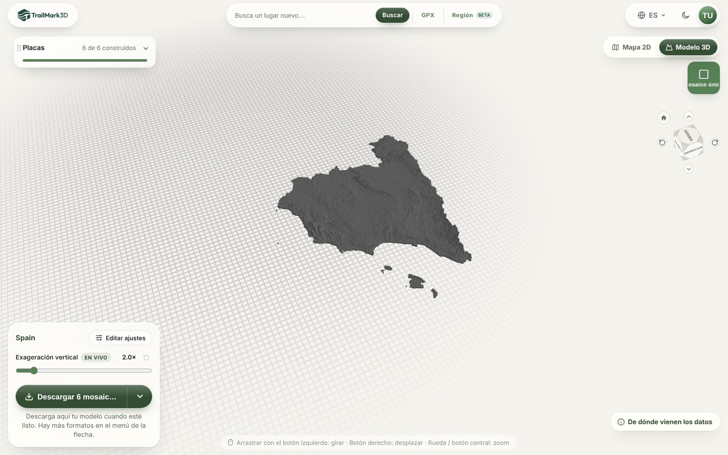Un mapa en relieve imprimible en 3D de la España peninsular generado en TrailMark3D en placas recortadas por la costa y la frontera, en el visor 3D