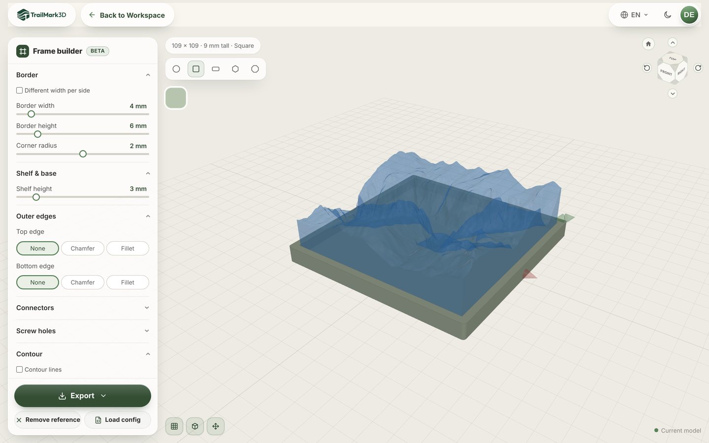 The TrailMark3D Frame Builder with a square frame around a model of Yosemite Valley, the shape picker above the 3D view and the Border, Shelf & base and Outer edges settings on the left
