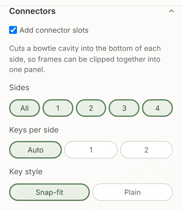 The Connectors settings of the TrailMark3D Frame Builder: Add connector slots, the sides, keys per side and the Snap-fit or Plain key style