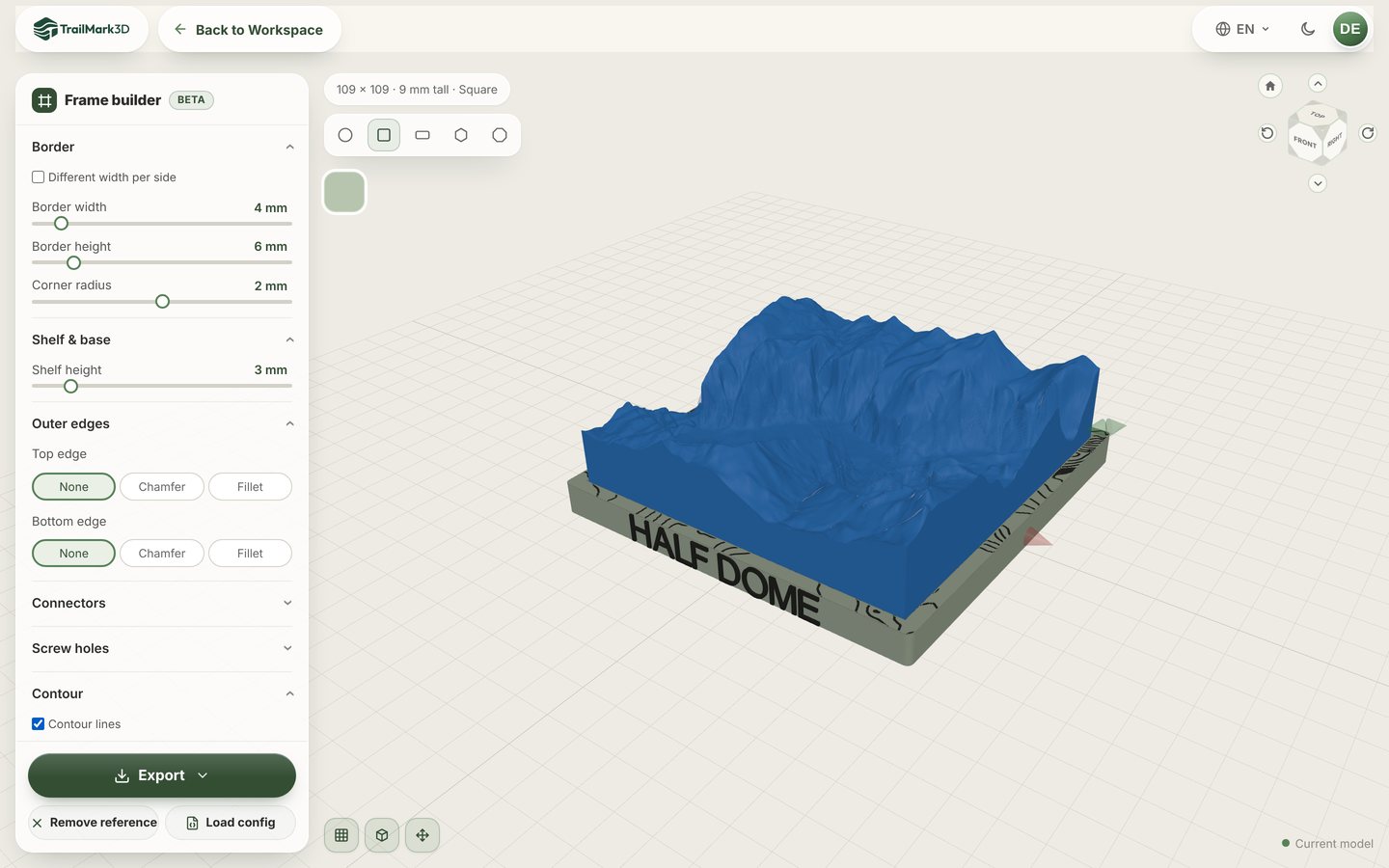A 3D printed map frame designed in the TrailMark3D Frame Builder around a terrain model of Yosemite Valley, with HALF DOME in raised dark text on the front and contour lines on the border