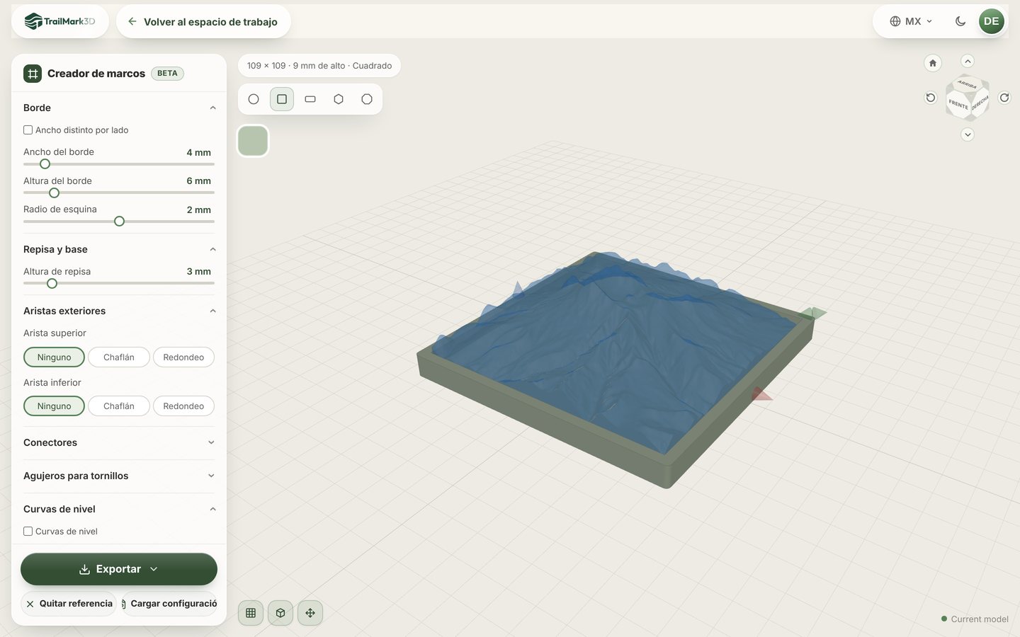 El Creador de marcos de TrailMark3D con un marco cuadrado alrededor de un modelo del Nevado de Toluca, el selector de forma encima de la vista 3D y los ajustes Borde, Repisa y base y Aristas exteriores a la izquierda
