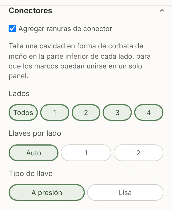 Los ajustes de Conectores del Creador de marcos de TrailMark3D: Agregar ranuras de conector, los lados, llaves por lado y el estilo de llave A presión o Lisa