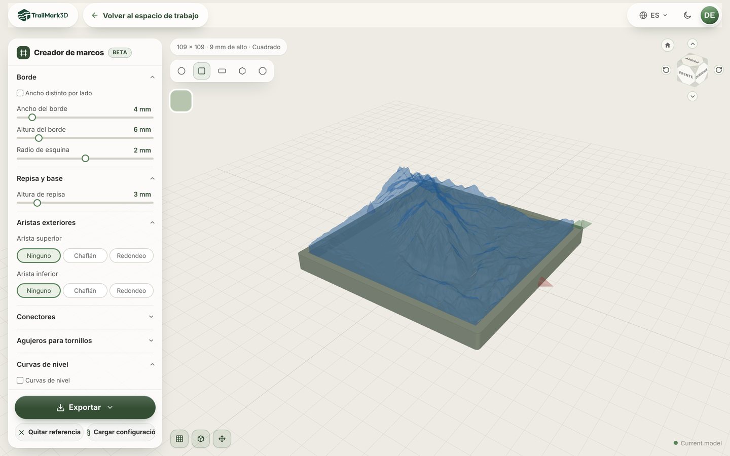 El Creador de marcos de TrailMark3D con un marco cuadrado alrededor de un modelo de Montserrat, el selector de forma encima de la vista 3D y los ajustes Borde, Repisa y base y Aristas exteriores a la izquierda