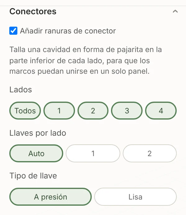 Los ajustes de Conectores del Creador de marcos de TrailMark3D: ranuras de conector, los lados, llaves por lado y el estilo de llave A presión o Lisa