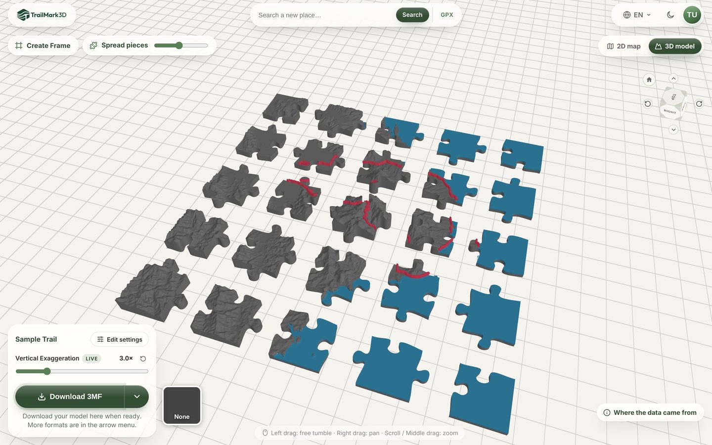 A 3D printed map puzzle in the TrailMark3D viewer: terrain with a red trail cut into interlocking jigsaw pieces, spread apart