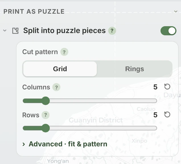 The Print as Puzzle section in TrailMark3D with Split into puzzle pieces switched on, the Grid and Rings cut pattern, and the Columns and Rows sliders
