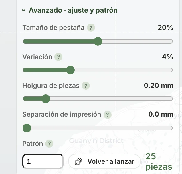 Los ajustes avanzados del rompecabezas: Tamaño de pestaña, Variación, Holgura de piezas, Separación de impresión y Patrón con Volver a lanzar