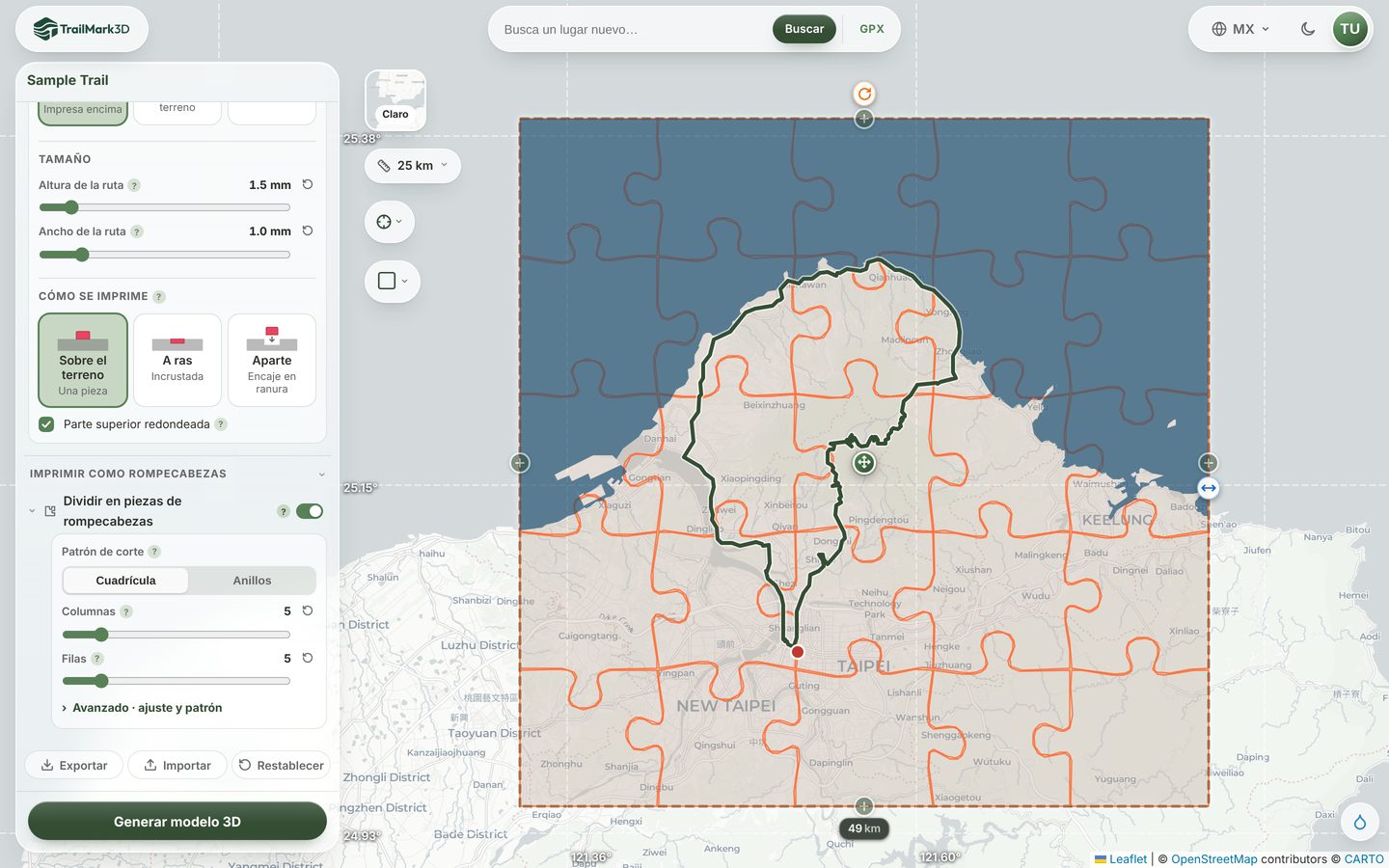 El mapa de TrailMark3D con el corte del rompecabezas dibujado sobre la pieza como una cuadrícula de piezas que encajan