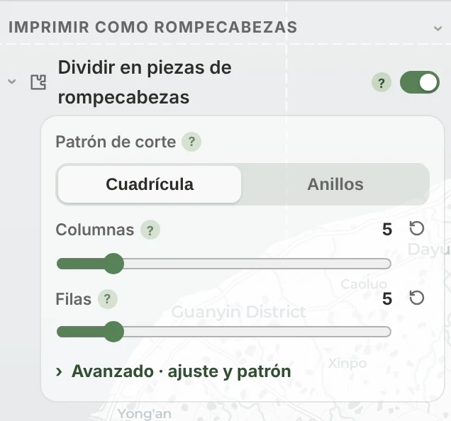 La sección Imprimir como rompecabezas de TrailMark3D con Dividir en piezas de rompecabezas activado, el patrón de corte Cuadrícula o Anillos y los controles Columnas y Filas