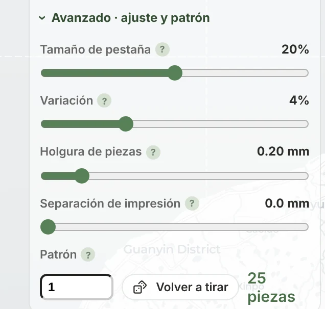 Los ajustes avanzados del puzle: Tamaño de pestaña, Variación, Holgura de piezas, Separación de impresión y Patrón con Volver a tirar