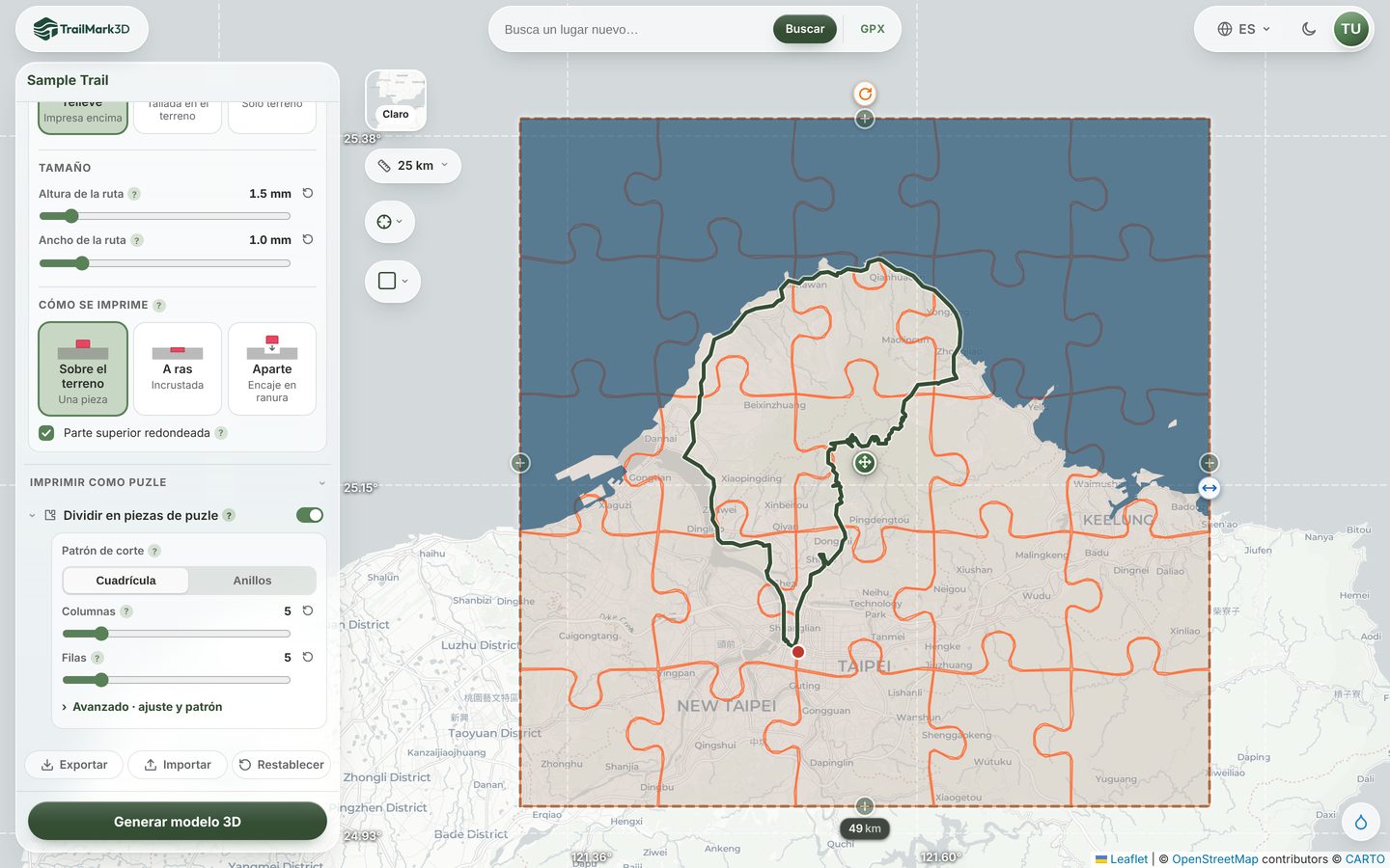 El mapa de TrailMark3D con el corte del puzle dibujado sobre la pieza como una cuadrícula de piezas que encajan