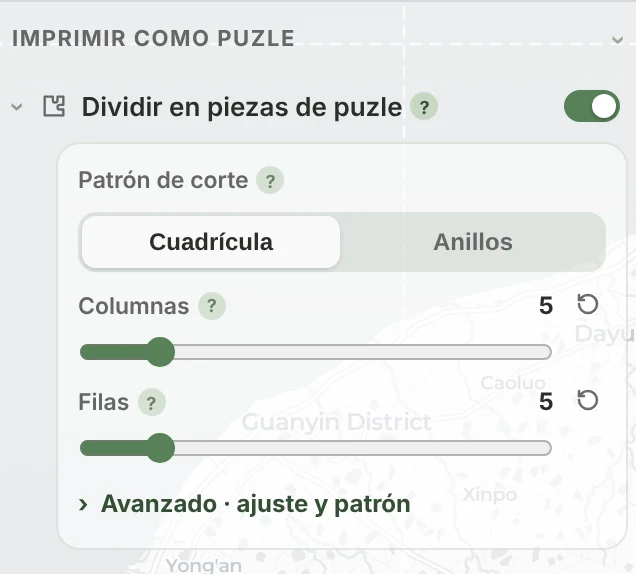 La sección Imprimir como puzle de TrailMark3D con Dividir en piezas de puzle activado, el patrón de corte Cuadrícula o Anillos y los controles Columnas y Filas