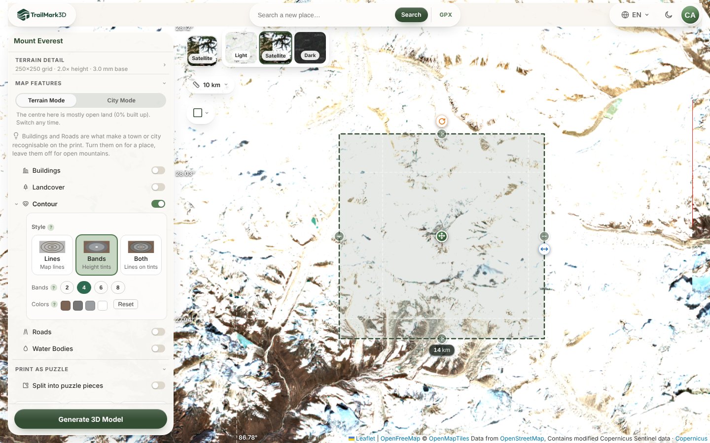 The TrailMark3D workspace with Mount Everest on the satellite map in a 14 km tile, and Contour set to Bands with four colors from dark brown to ivory white