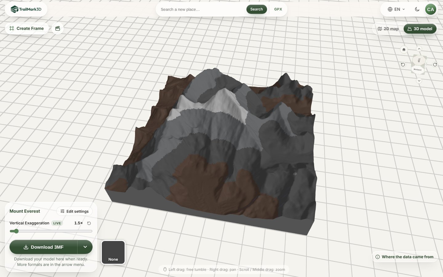 A 3D printed model of Mount Everest generated in TrailMark3D: the mountain colored by altitude in brown, two grays and white snow on the summit, in the 3D viewer