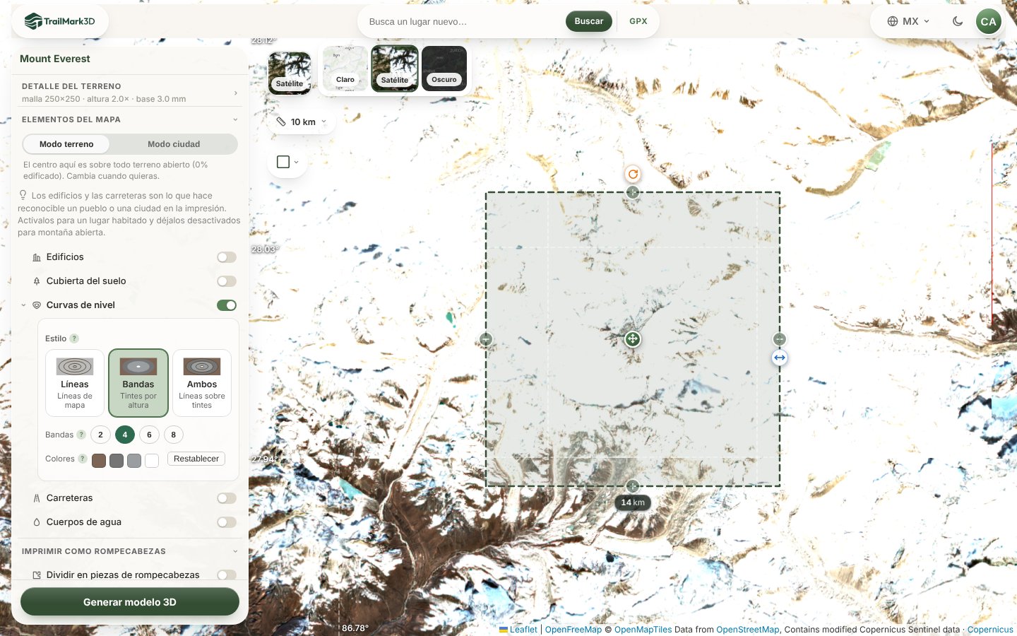 El espacio de trabajo de TrailMark3D con el monte Everest sobre el mapa de satélite en una pieza de 14 km, y Curvas de nivel en Bandas con cuatro colores del marrón oscuro al blanco marfil