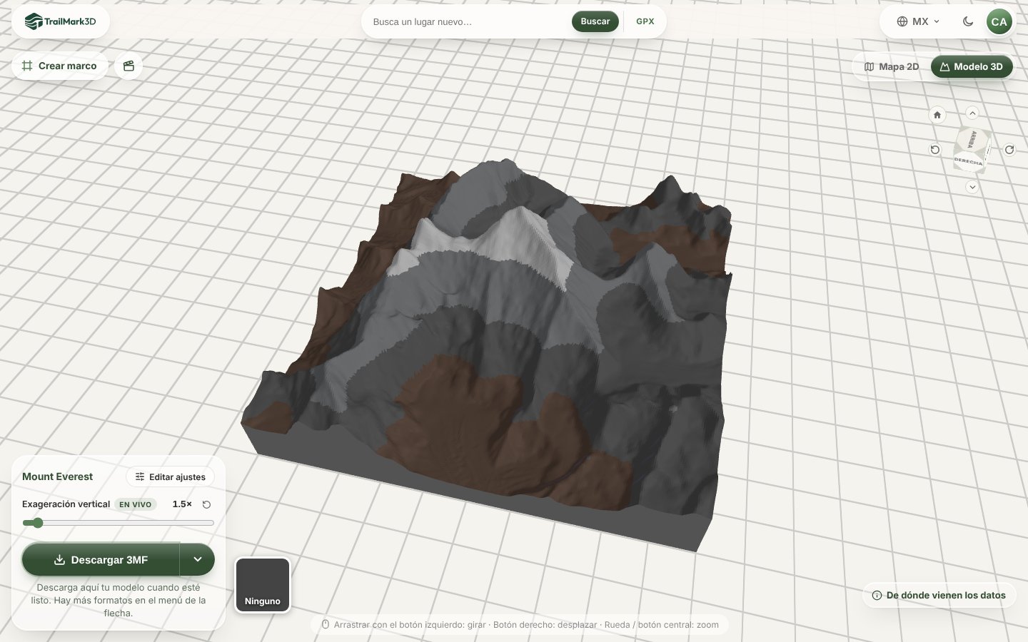 Un modelo 3D del monte Everest generado en TrailMark3D: la montaña coloreada por altitud en marrón, dos grises y nieve blanca en la cima, en el visor 3D