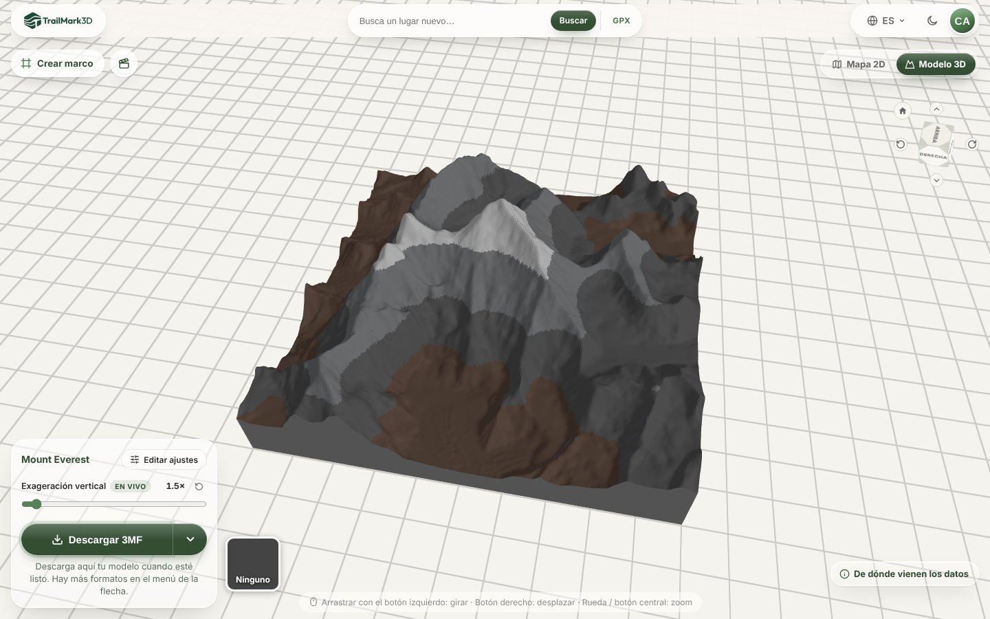 Un modelo 3D del monte Everest generado en TrailMark3D: la montaña coloreada por altitud en marrón, dos grises y nieve blanca en la cima, en el visor 3D