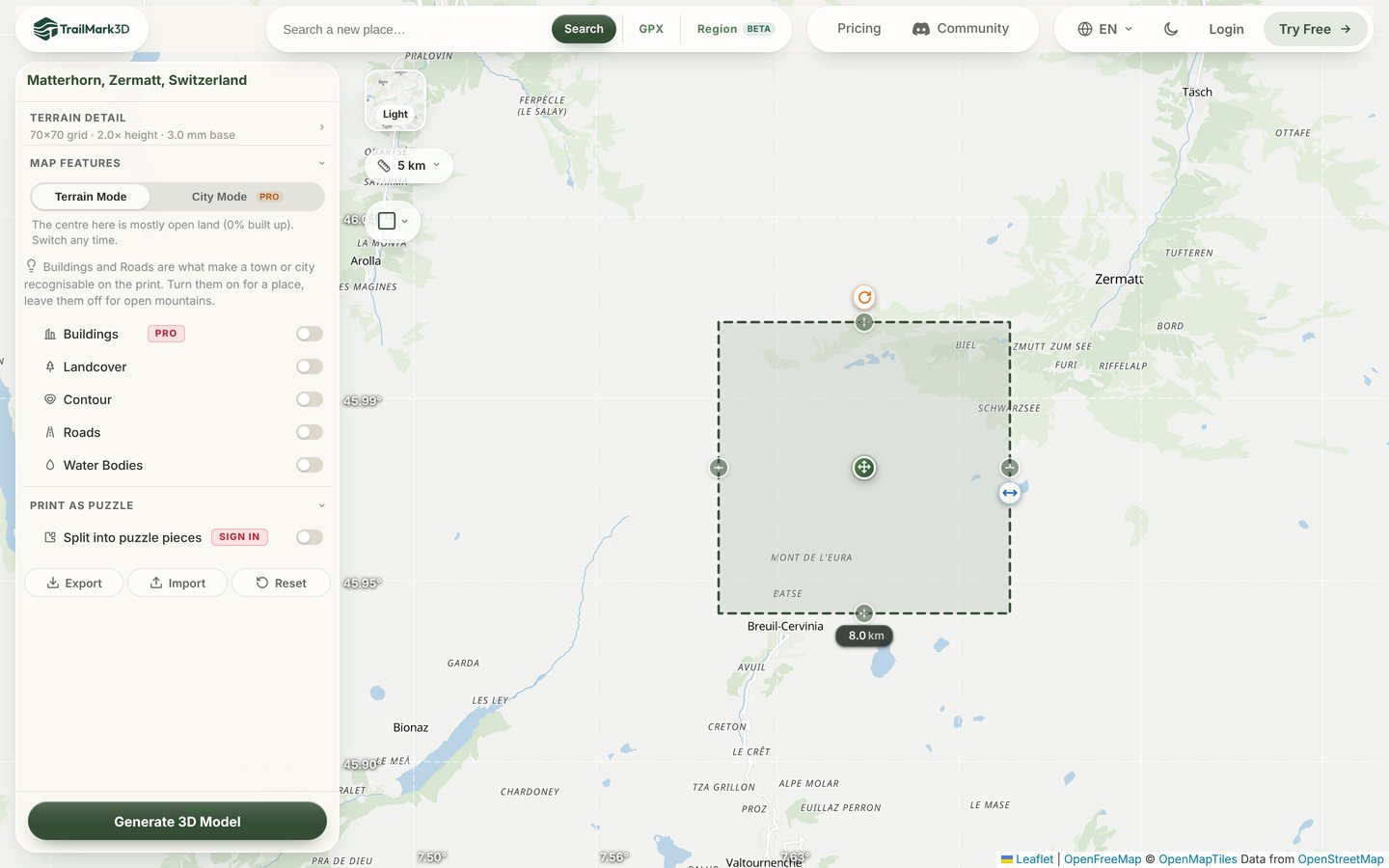 The TrailMark3D workspace with the Matterhorn on the map inside an 8 km square tile, with move, resize and rotate handles