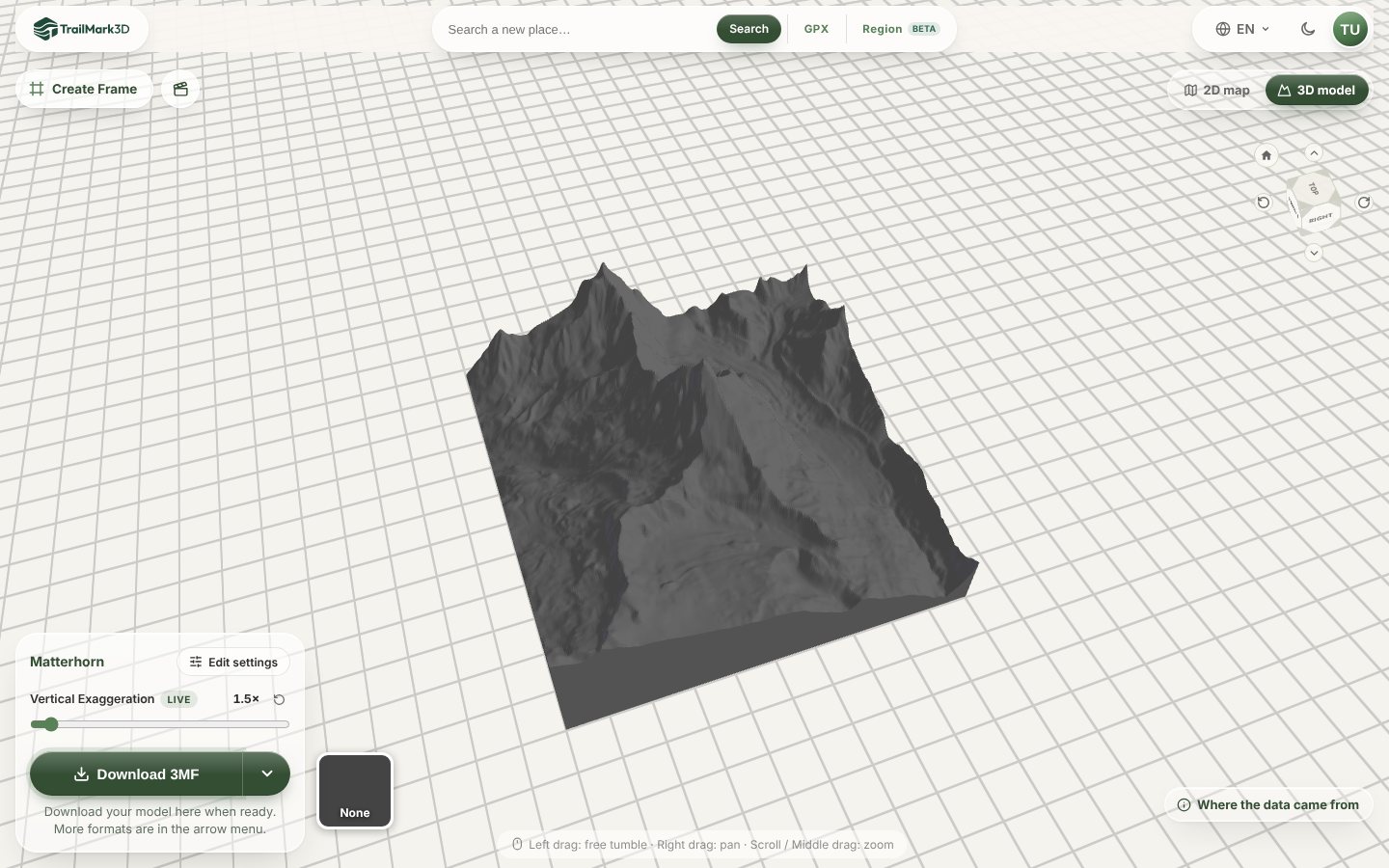 A 3D printable terrain model of the Matterhorn generated in TrailMark3D, shown in the 3D viewer