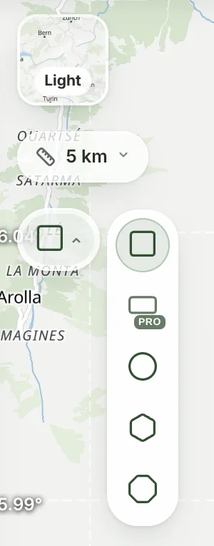 The tile shape picker in TrailMark3D: square, rectangle (Pro), circle, hexagon and octagon