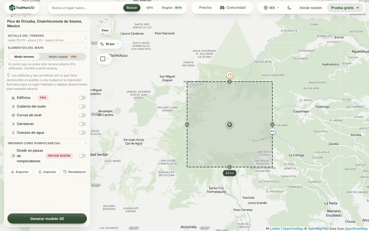 El espacio de trabajo de TrailMark3D con el Pico de Orizaba en el mapa dentro de una pieza cuadrada de 12 km, con controles para mover, cambiar el tamaño y girar