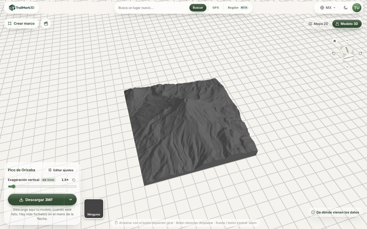 Un modelo 3D imprimible del terreno del Pico de Orizaba generado en TrailMark3D, en el visor 3D