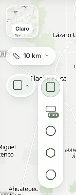 El selector de forma de la pieza en TrailMark3D: cuadrado, rectángulo (Pro), círculo, hexágono y octógono