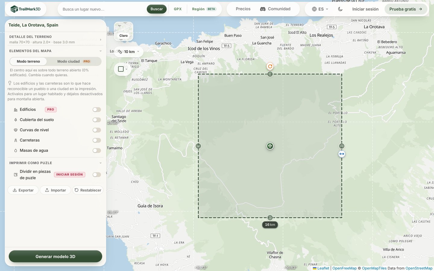 El espacio de trabajo de TrailMark3D con el Teide en el mapa dentro de una pieza cuadrada de 16 km, con controles para mover, cambiar el tamaño y girar