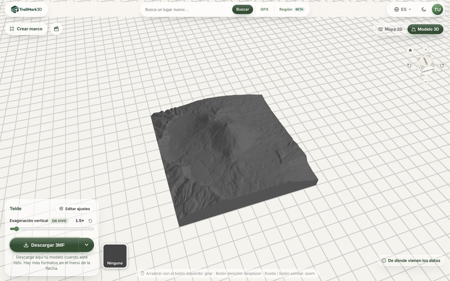 Un modelo 3D imprimible del terreno del Teide generado en TrailMark3D, en el visor 3D