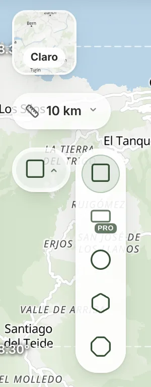 El selector de forma de la pieza en TrailMark3D: cuadrado, rectángulo (Pro), círculo, hexágono y octógono