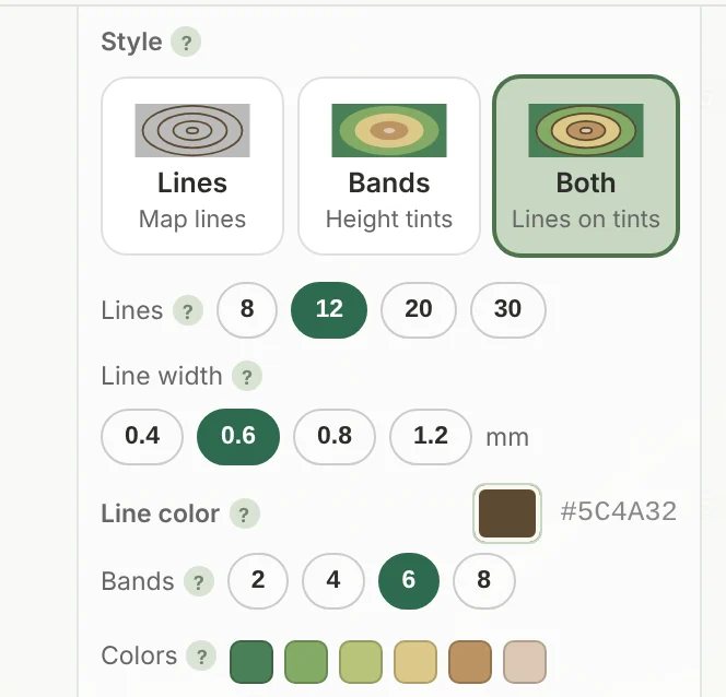 The Contour settings in TrailMark3D with the style set to Both, 12 lines, a 0.6 mm line width, a brown line color and 6 elevation bands with their colors