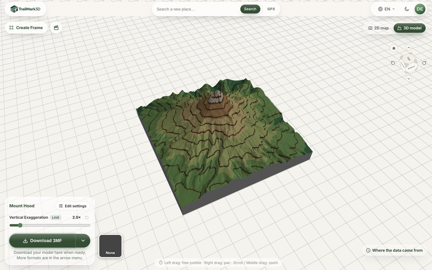 A 3D printed topographic map of Mount Hood generated in TrailMark3D with contour lines over elevation color bands, green at the foot and pale at the summit