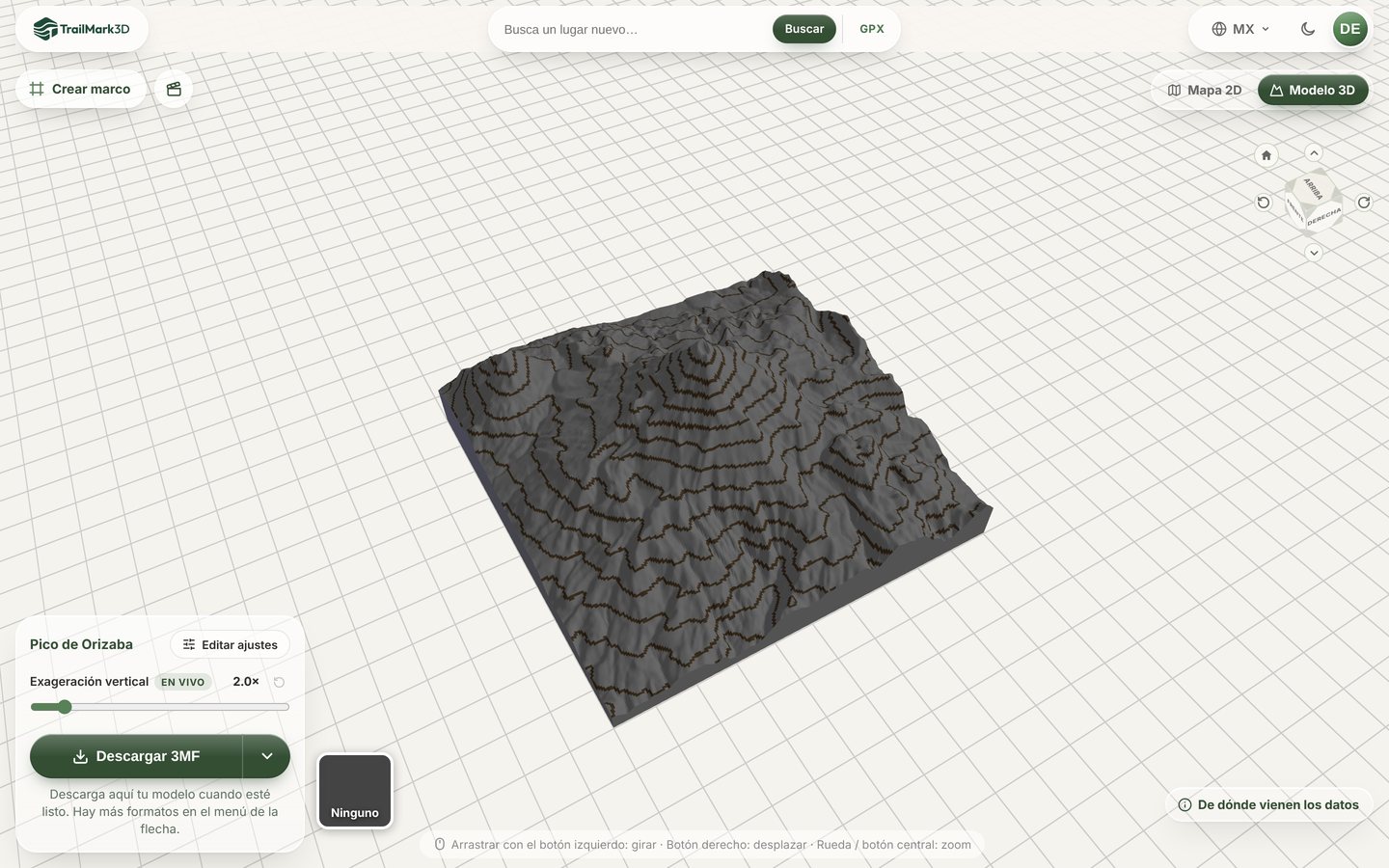 El Pico de Orizaba como mapa de curvas de nivel generado en TrailMark3D, terreno gris con curvas de nivel marrones alrededor de la cumbre