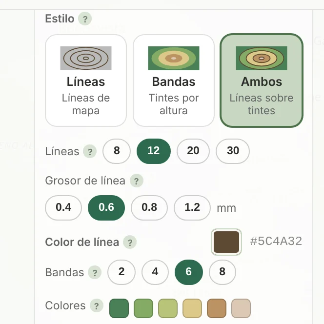 Los ajustes de Curvas de nivel en TrailMark3D con el estilo en Ambos, 12 líneas, un grosor de 0,6 mm, color de línea marrón y 6 franjas de altitud con sus colores
