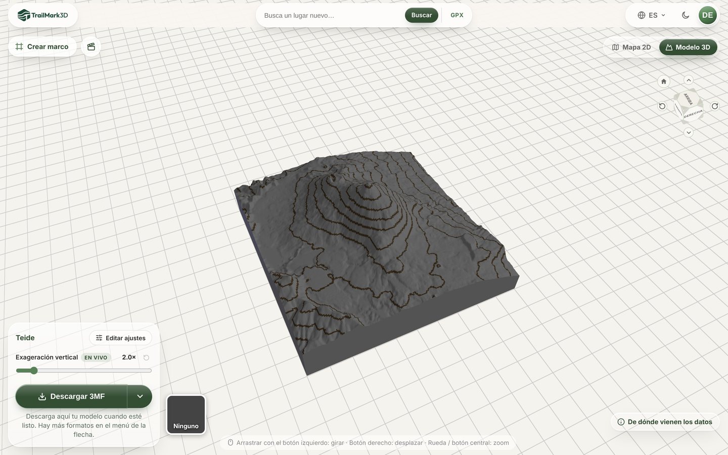 El Teide como mapa de curvas de nivel generado en TrailMark3D, terreno gris con curvas de nivel marrones alrededor de la cumbre