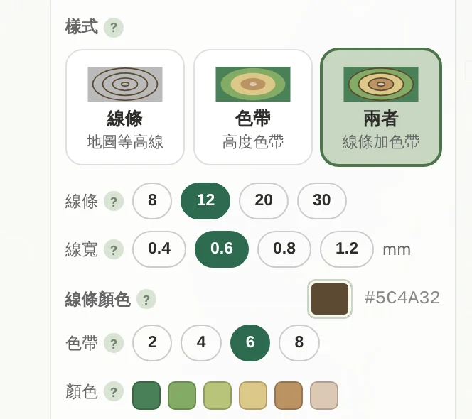 TrailMark3D 的「等高線」設定，樣式為「兩者」，12 條線、0.6 mm 線寬、棕色線條，以及 6 個高度色帶與它們的顏色