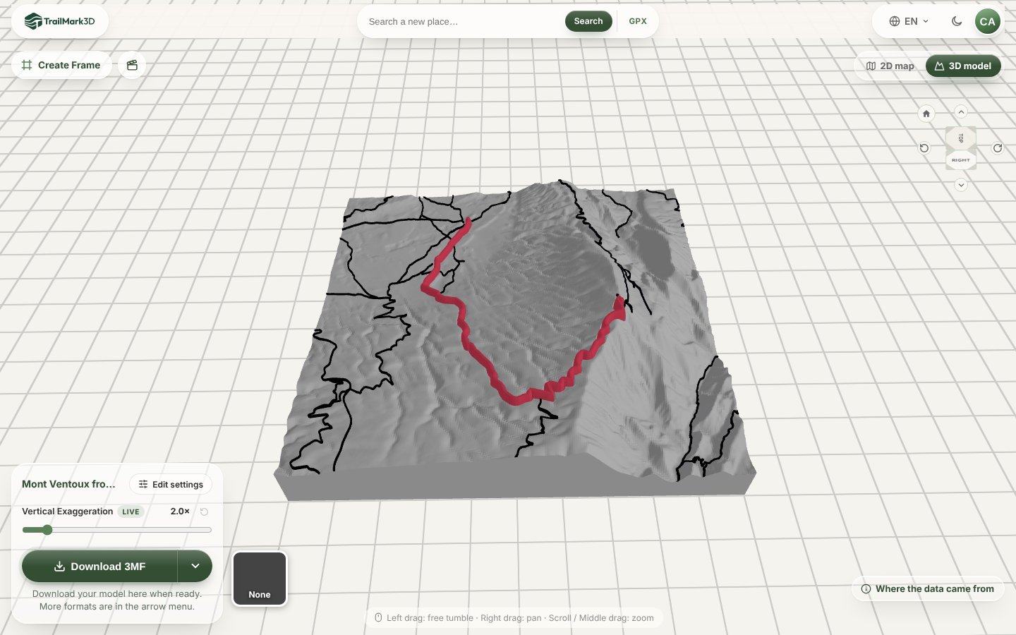 A 3D printed map of the Mont Ventoux climb from Bédoin generated in TrailMark3D: white terrain with the climb raised in red and the main roads in black, in the 3D viewer