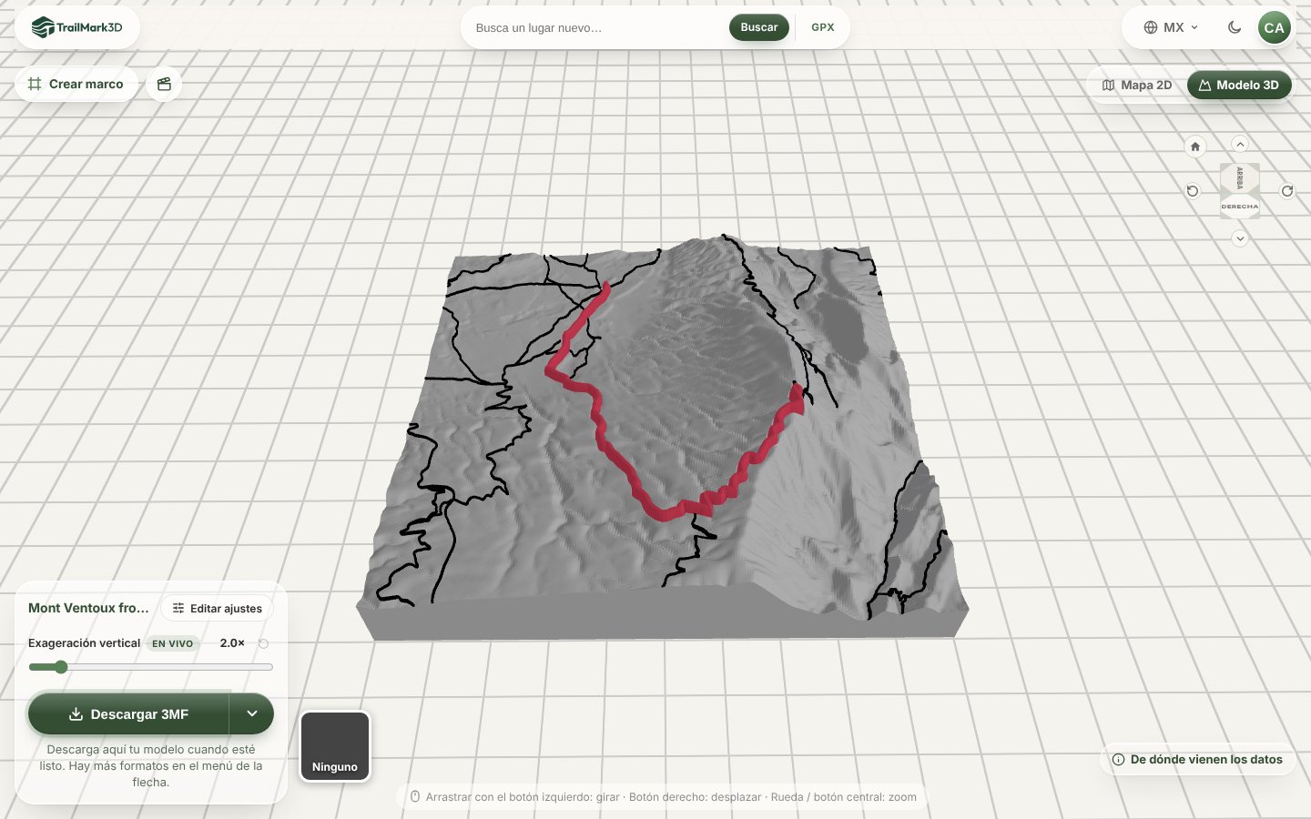 Un mapa impreso en 3D de la subida al Mont Ventoux desde Bédoin generado en TrailMark3D: terreno blanco con la subida en relieve en rojo y las carreteras principales en negro, en el visor 3D